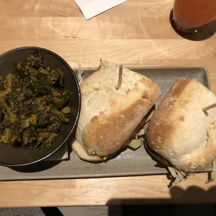 Catfish po-boy, collard greens