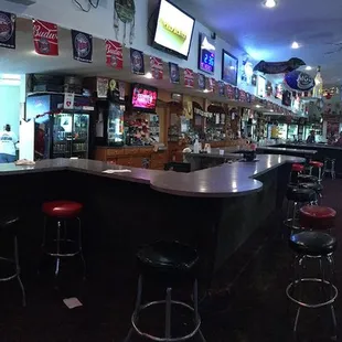 a bar with stools
