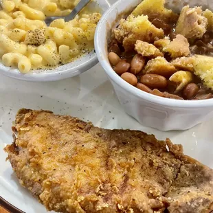 Breaded tenderloin, Macaroni and cheese, Pinto beans and cornbread!