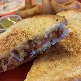 Bacon grilled cheese and onion rings