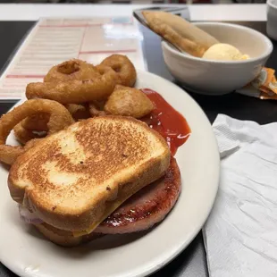 Fried bologna, onion rings and a fried peach pie.