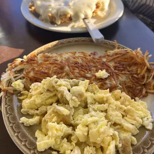 Chicken, fried steak, and eggs