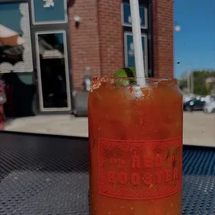 a drink on a table outside