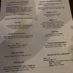 menu for burgers and sandwiches