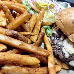 Burger with habanero cheddar cheese and seasoned fries.