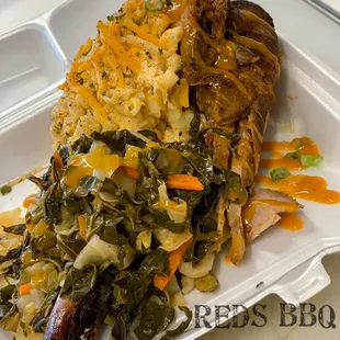 Dirty Bird - Stuffed turkey drum with collard greens and Mac &amp; Cheese