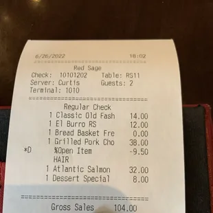 Bill with "HAIR" and 25% discount on my meal.