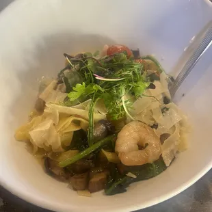 Chef's Pasta of the Day: shrimp, mushroom and spinach
