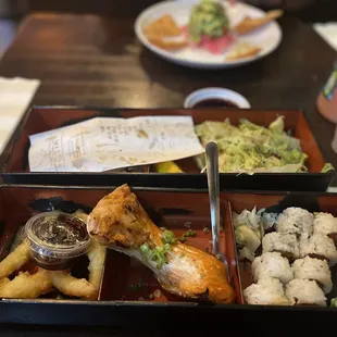 Salmon collar, spicy tuna, tempura shrimp, side salad
