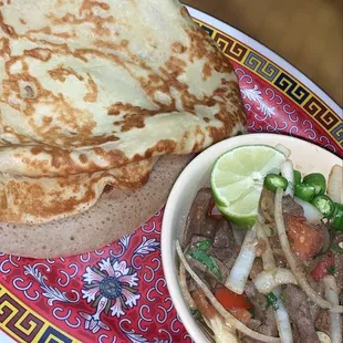 Somali injera and meat breakfast!