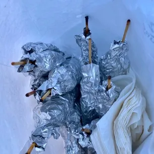 Delicious to go order of chicken skewers!