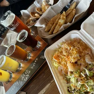 Veggie dumplings, shrimp bowl, and pork quesadilla