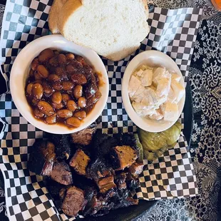 Burnt ends,baked beans and potato salad.