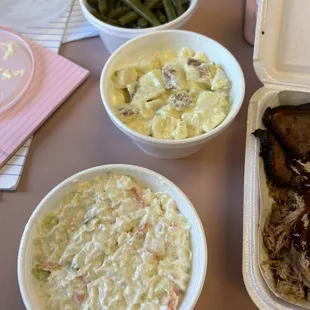 Sides: Cole slaw, potato salad, green beans