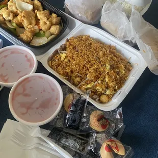Orange chicken came with a serving of white rice, beef fried rice, egg rolls and tempura shrimp all for under 40$