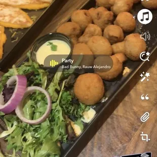 Fried mushrooms and quesadillas appetizers