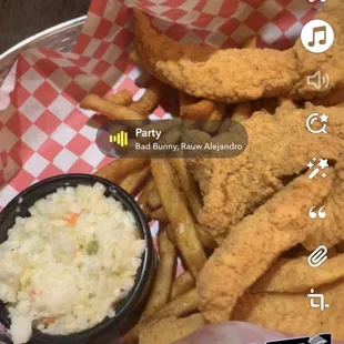 Fried fish, fries and coleslaw and wings