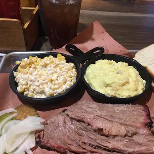 Brisket, cream corn, potato salad