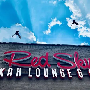 a bird flying over the sign