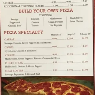 a menu for a pizza