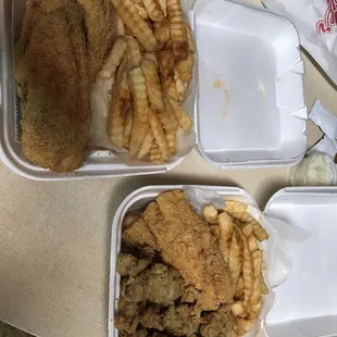 Combo plates.. one is red snapper and whiting fish. The other is red snapper and gizzards. Both come with fries, cole slaw and bread.