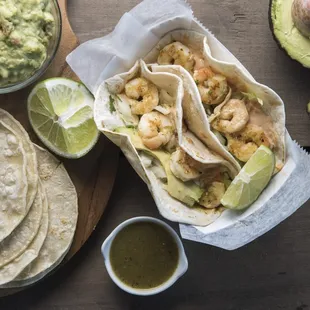 shrimp tacos and guacamole