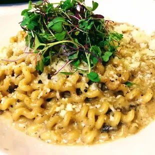 Our Truffle Pasta, made with Fusilli Col Buco, Porcinis, Black Truffle Cream, Fresh Truffles.