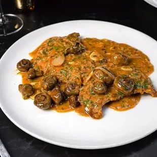 Our Free-Range Veal Marsala, made with mushrooms, marsala, and demi-glace.