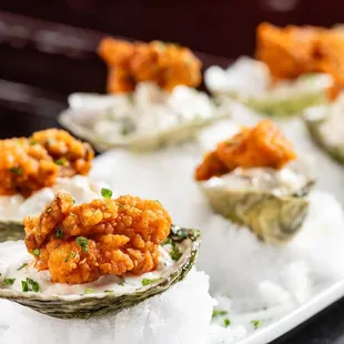 Crispy Oysters with Buffalo Sauce and Blue Cheese Fondue