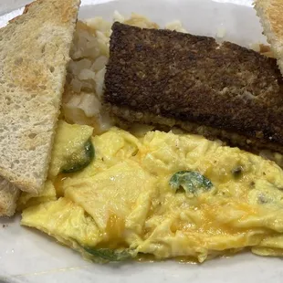 E-5. Goetta and 2 Eggs add Jalapeño n Cheese