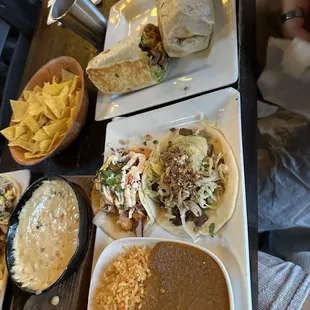 Taco Plate ($12.5), Queso ($12), Burrito with Guacamole ($15)