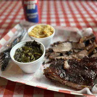 Two Meat Plate - Ribs &amp; Sliced Brisket w/ Greens and Corn Pudding.