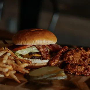 Tavern burger, fries, wings