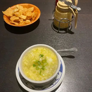 a bowl of soup and a plate of tortillas