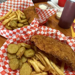 Fish and chips with fried pickles