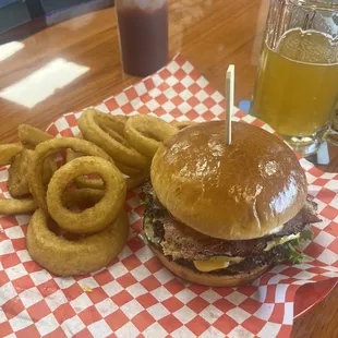 Bacon cheese burger with onion rings only $13 and amazing!!