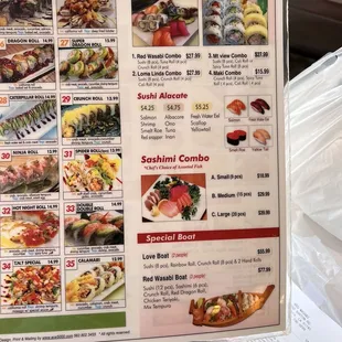 menu, sushi and sashimi