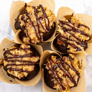 German Chocolate Cupcake: Chocolate cupcake with chocolate ganache and a from scratch-made caramel frosting with toasted pecans and coconut.