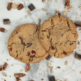 Vesper Cookies: browned Butter base with toffee, toasted pecans and Callebeut chocolate chunks.