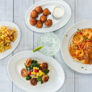 Sea Scallops, Shrimp &amp; Grits, Hush Puppies and Calamari