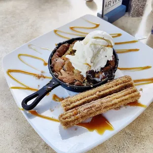 Cookie, ice cream, churros and caramel dessert. Delicious!