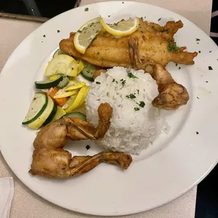 Frog legs, gator and catfish