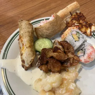 Sushi,honey shrimp, teriyaki chicken