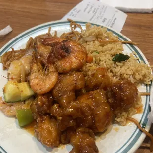 Orange chicken,shrimp, fried rice, noodles