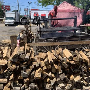 a large pile of wood