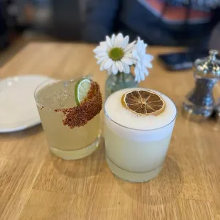 A margarita and a Mezcal with egg whites