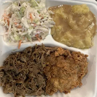 Fried, boneless chicken thighs and pulled pork dinner