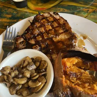 This was my Pork Steak, sweet potato and sautéed mushrooms...