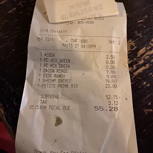 a receipt for a restaurant