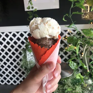 Brownie and toasted coconut ice cream in a red cone
